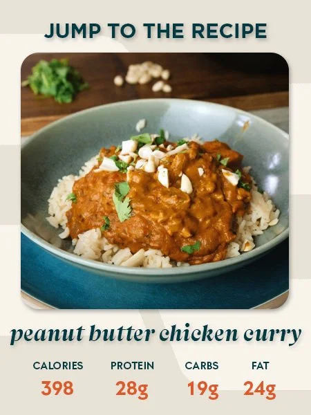 Peanut butter chicken curry recipe card showing 398 calories, 28g protein, 19g carbs and 24g fat per serving