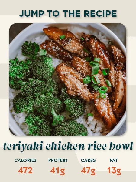 Teriyaki chicken rice bowl recipe card showing 472 calories, 41g protein, 47g carbs and 13g fat per serving