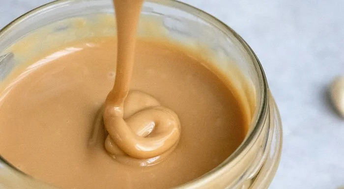 Peanut butter being stirred in a jar