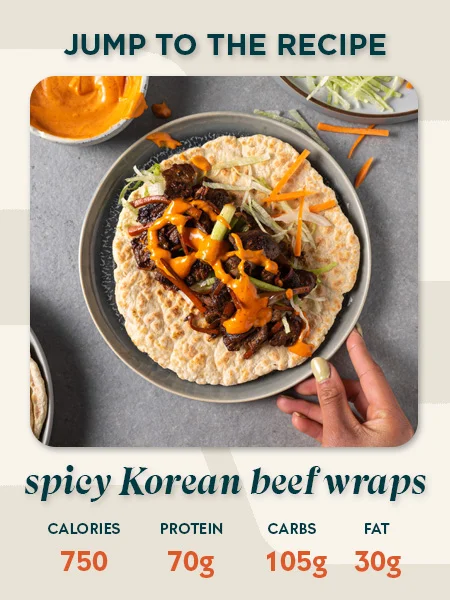 Spicy Korean beef wraps recipe card showing 750 calories, 70g protein, 105g carbs and 30g fat per serving