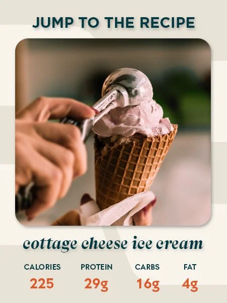 Cottage cheese ice cream recipe card showing 225 calories, 29g protein, 16g carbs and 4g fat per serving