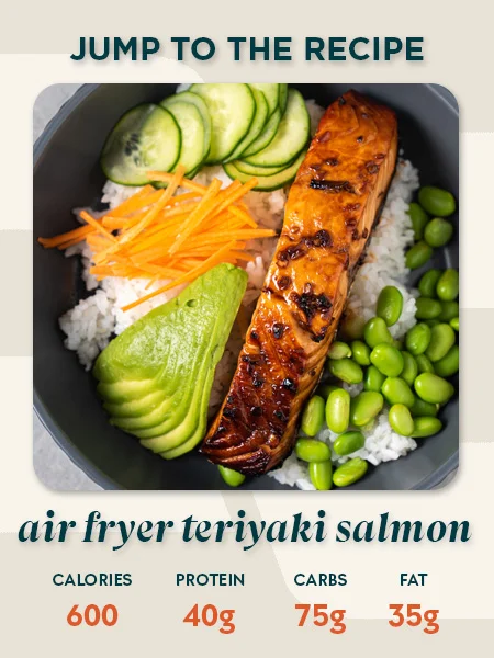 Air fryer teriyaki salmon recipe card showing 600 calories, 40g protein, 75g carbs and 35g fat per serving