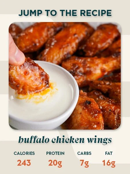 Air fryer Buffalo chicken wings recipe card showing 243 calories, 20g protein, 7g carbs and 16g fat per serving