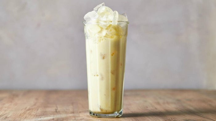 Iced meal replacement shake in a tall glass