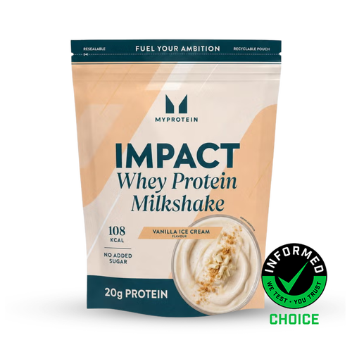 A resealable pouch of Myprotein Impact Whey Protein Milkshake in Vanilla Ice Cream flavor, featuring 20g of protein, 108 calories, and an Informed Choice certification logo.