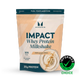 A resealable pouch of Myprotein Impact Whey Protein Milkshake in Vanilla Ice Cream flavor, featuring 20g of protein, 108 calories, and an Informed Choice certification logo.