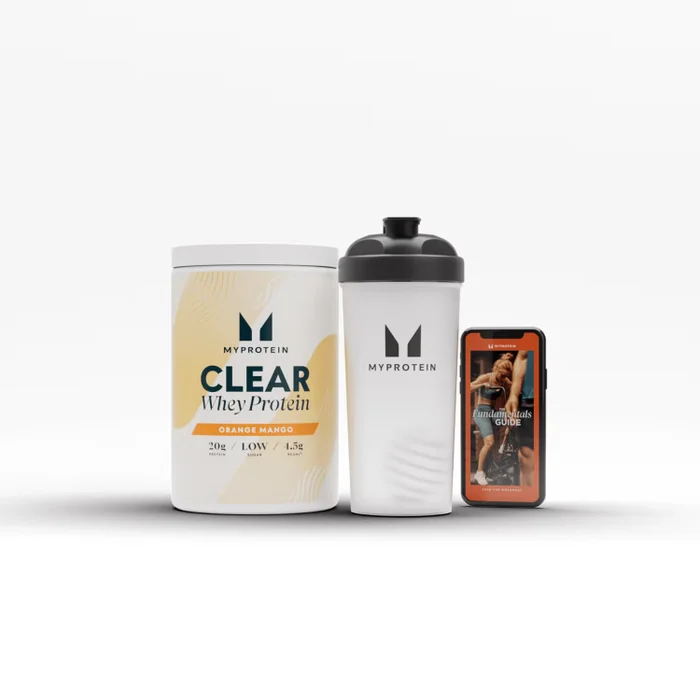 The clear protein starter pack on a podium in flavour cranberry & raspberry, next to a Myprotein branded shaker.