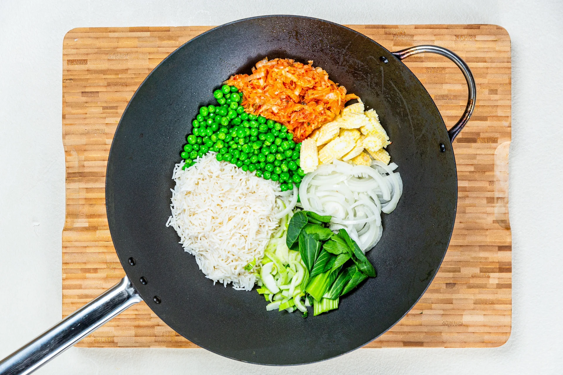 Kimchi fried rice chopped ingredients in a pan