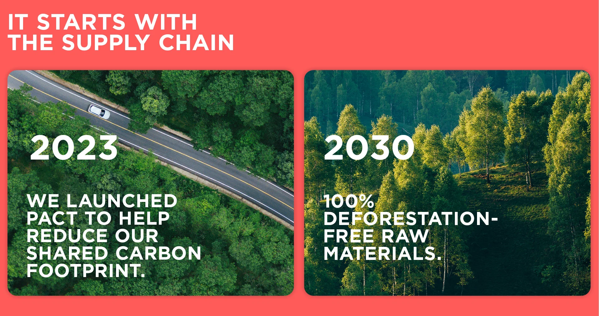 It starts with the supply chain. Launching PACT to help reduce our shared carbon footprint in 2023. Moving for 100% deforestation-free raw materials by 2030.