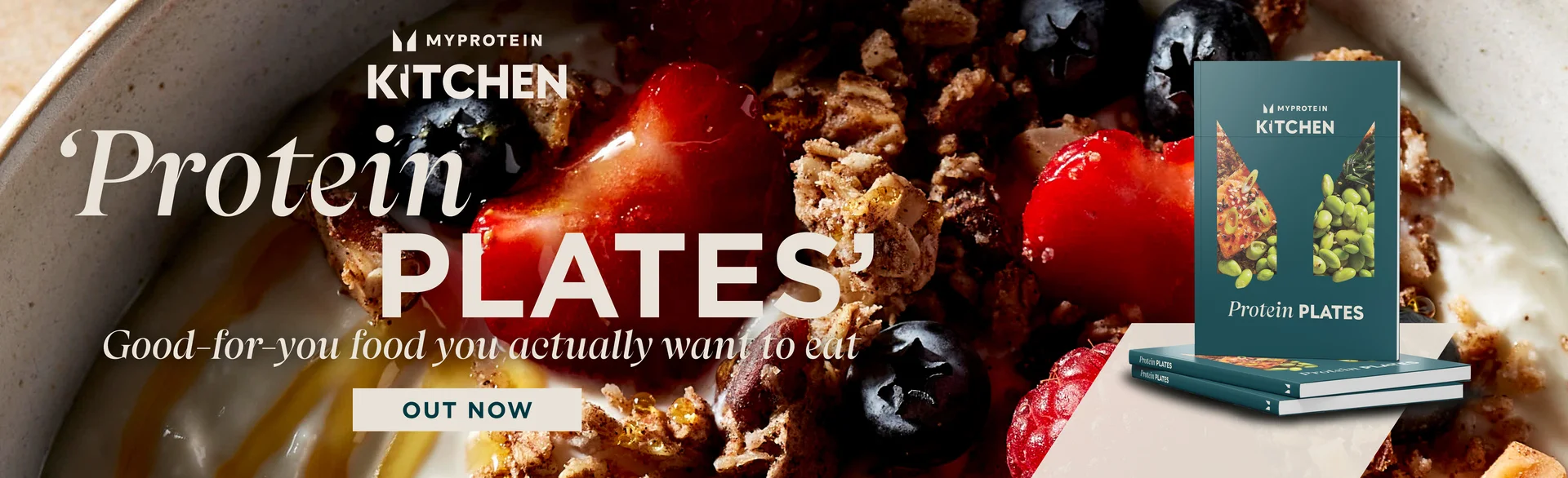The new Myprotein Kitchen recipe book called 'Protein Plates' out now, with an image of the cook book and one of the recipes featured.